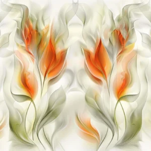 Papier peint floral abstrait aux flammes orangées sur fond nacré