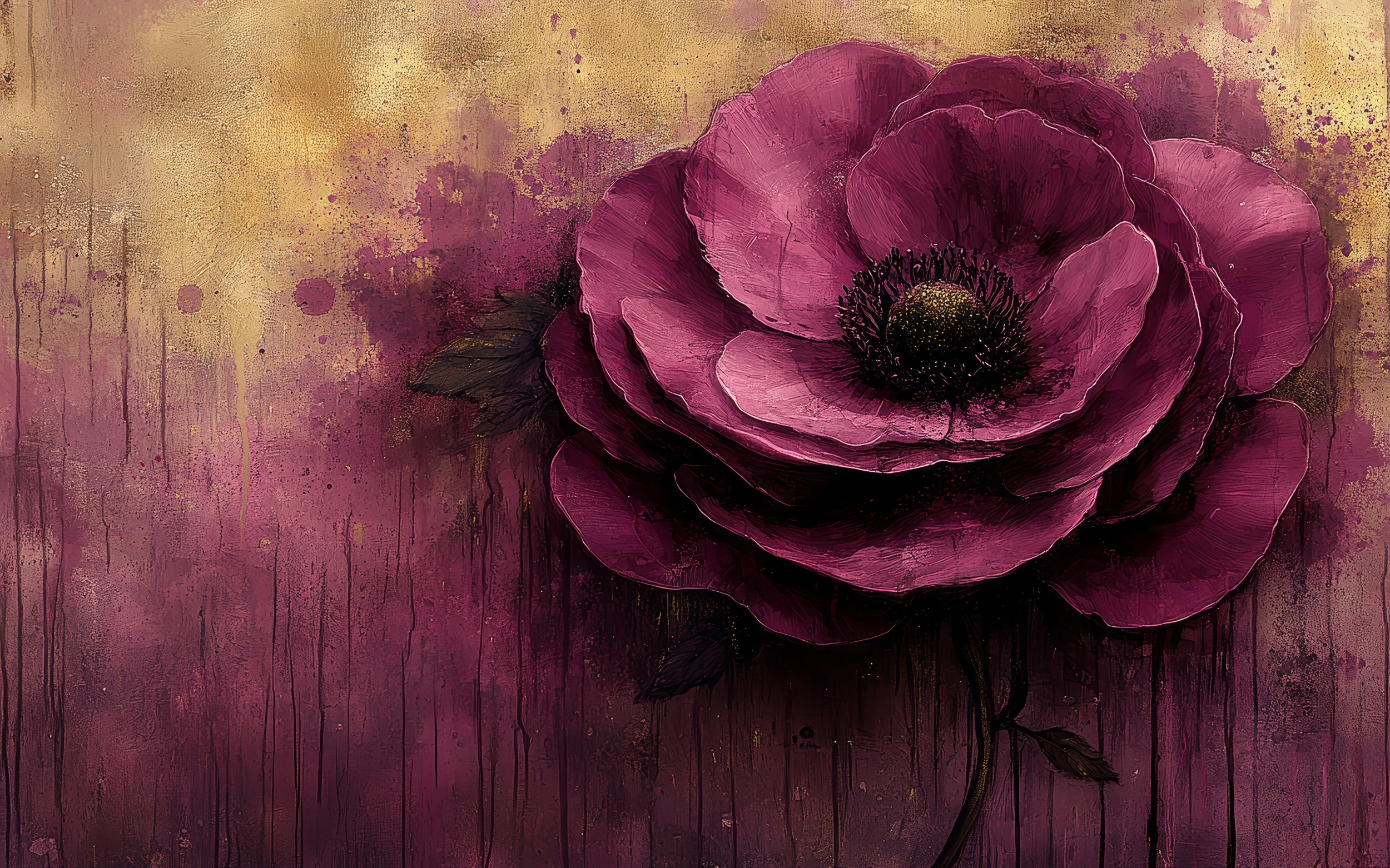 Papier Peint Artistique Fleur Pourpre Vintage sur Fond Doré