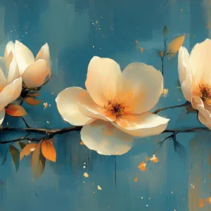 Papier peint fleurs magnolia blanches sur fond bleu abstrait