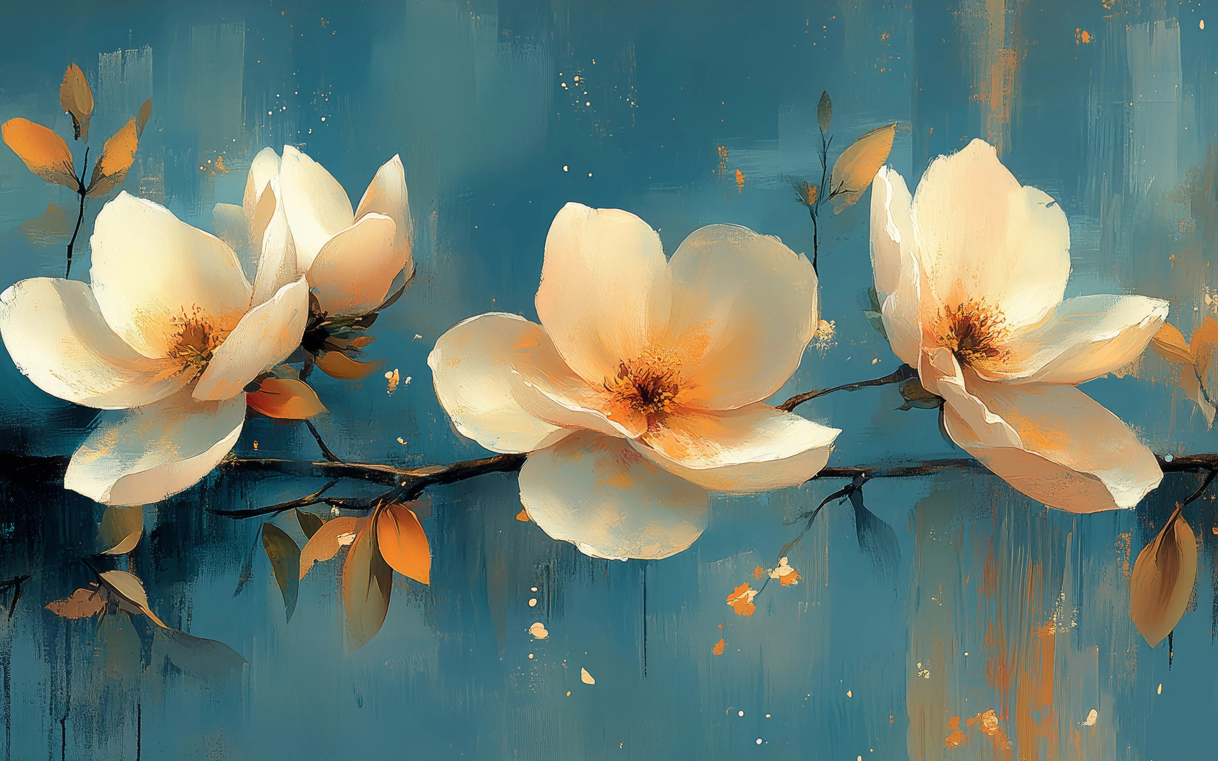 Papier peint fleurs magnolia blanches sur fond bleu abstrait