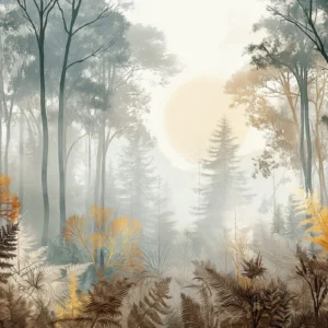 Papier Peint Forêt Mystérieuse aux Tons Dorés et Brumeux