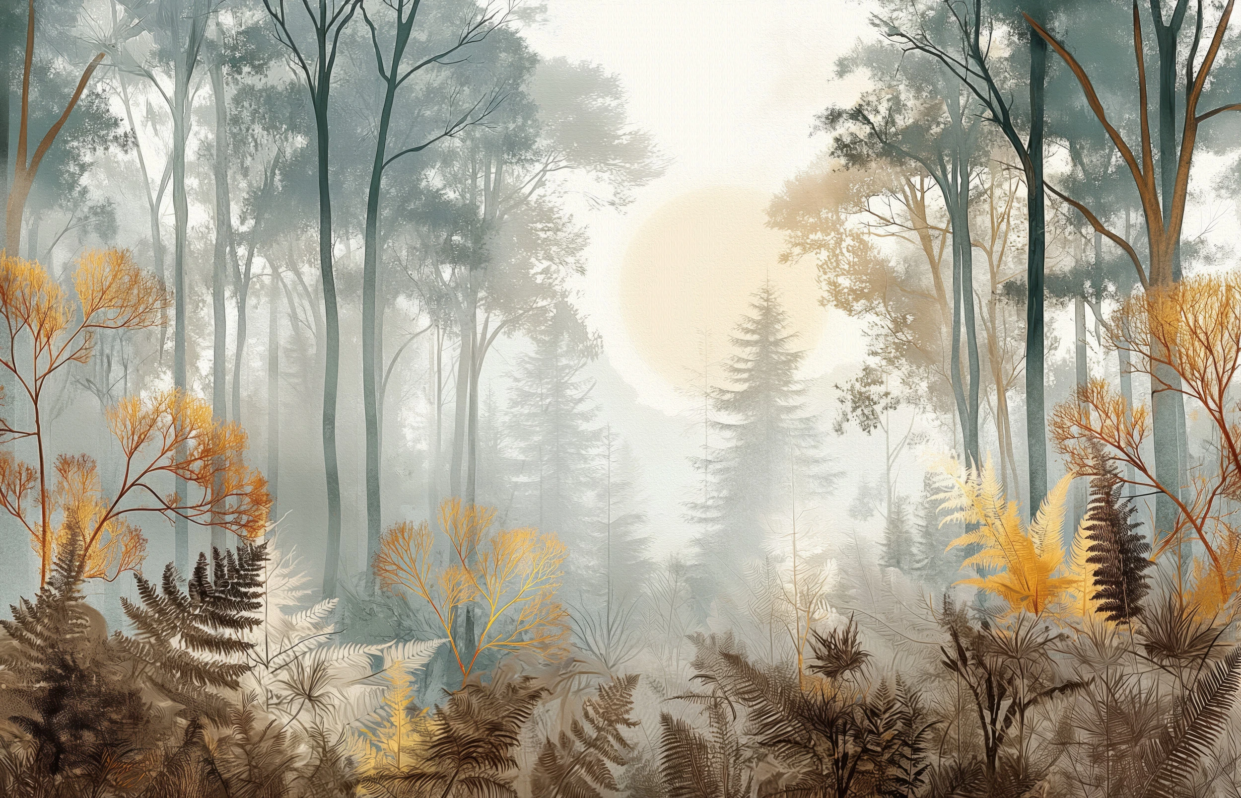 Papier Peint Forêt Mystérieuse aux Tons Dorés et Brumeux