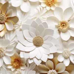 Papier peint fleurs 3D relief blanc doré élégant luxueux