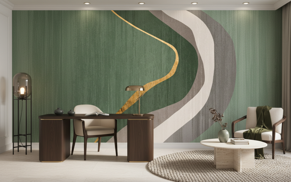 Papier peint moderne courbes organiques vert doré abstrait - Bureau