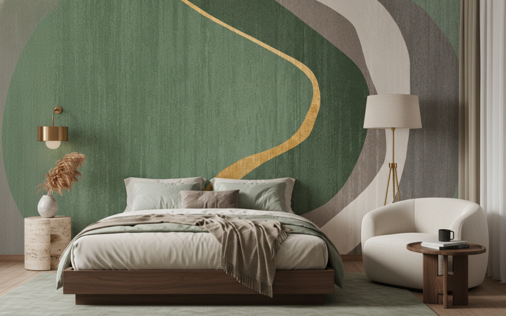 Papier peint moderne courbes organiques vert doré abstrait - Chambre adulte