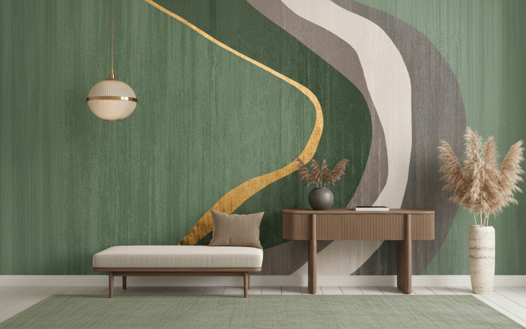 Papier peint moderne courbes organiques vert doré abstrait - Entrée
