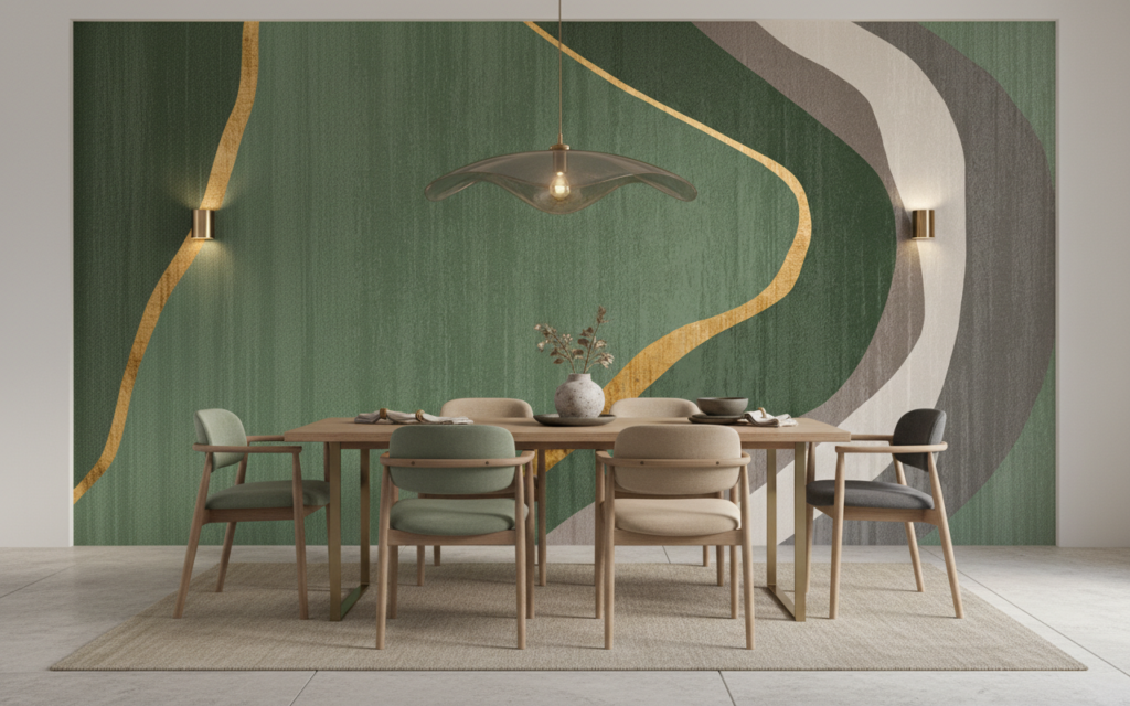 Papier peint moderne courbes organiques vert doré abstrait - Salle à manger