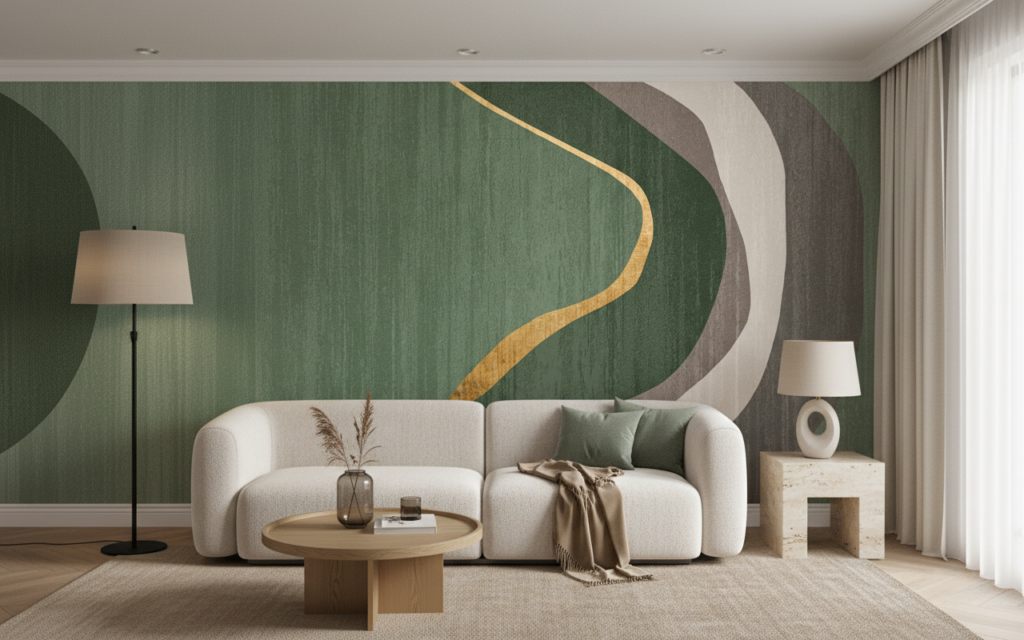 Papier peint moderne courbes organiques vert doré abstrait - Salon / Séjour