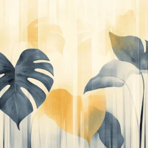 Papier peint moderne feuilles tropicales bleu doré élégant