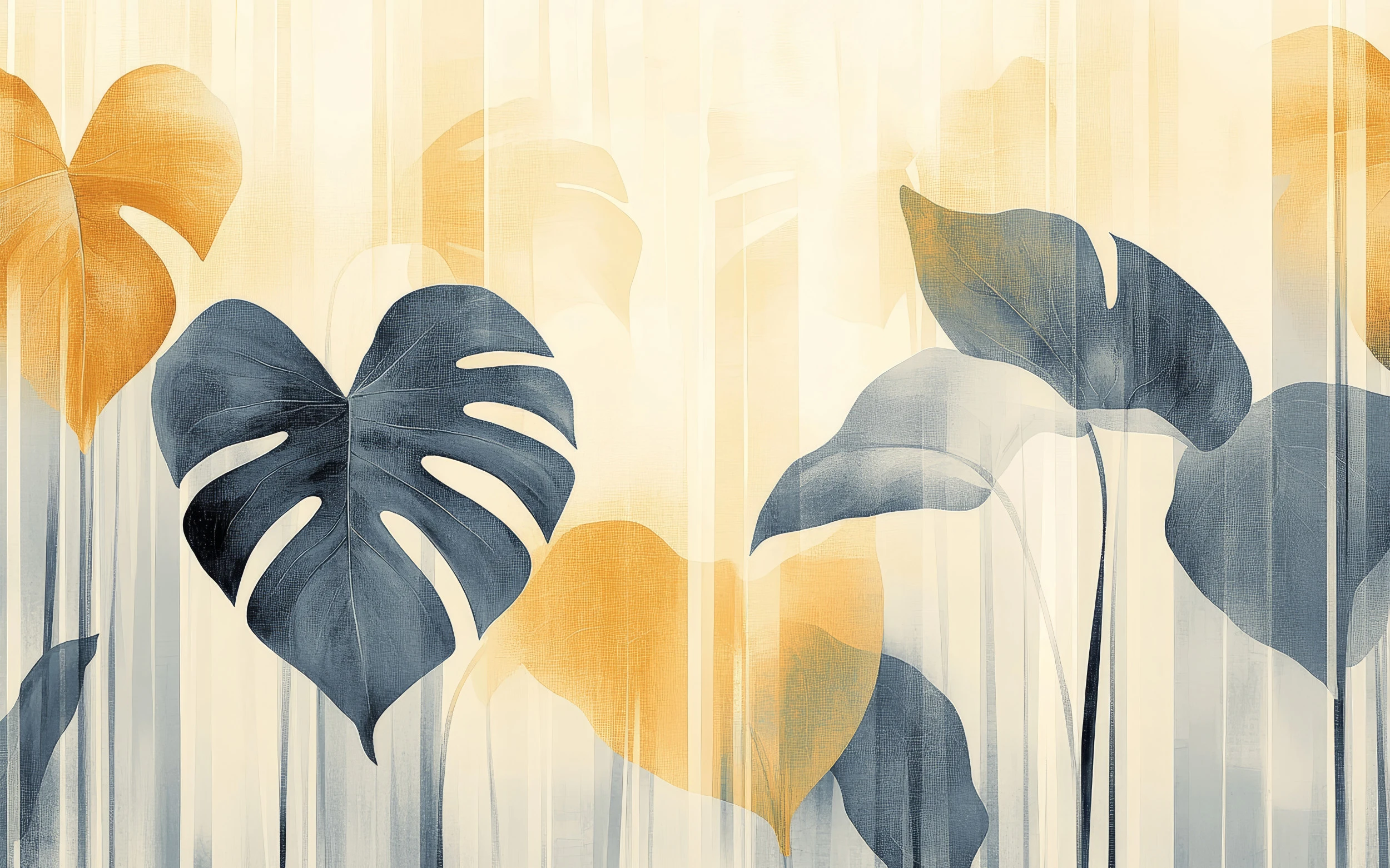 Papier peint moderne feuilles tropicales bleu doré élégant