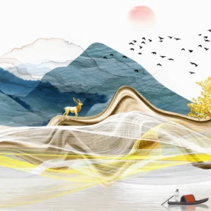 Paysage Montagnard Doré avec Cerf et Oiseaux Migrateurs