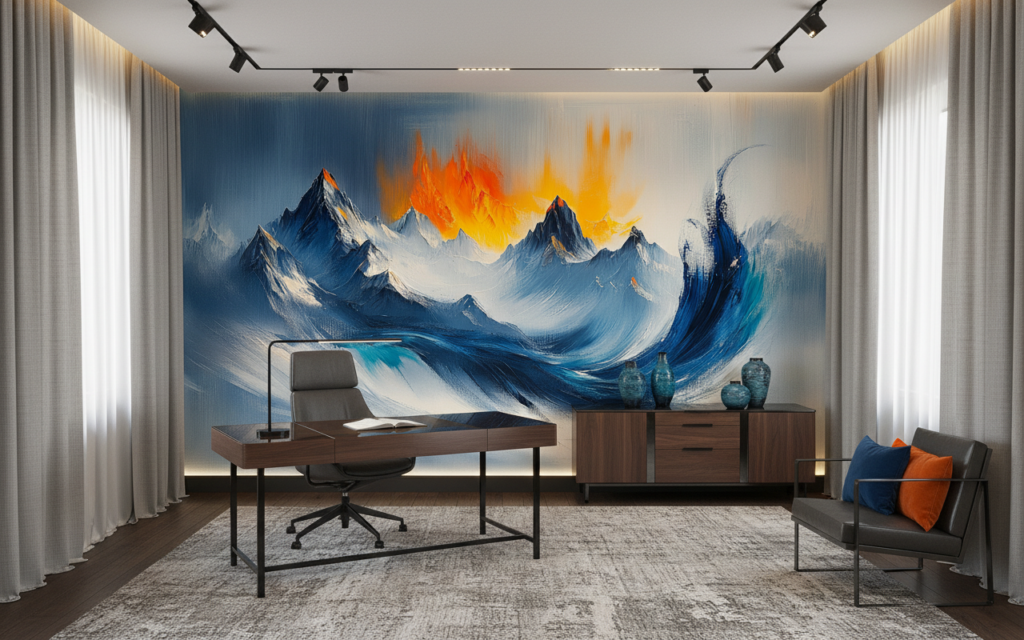 Papier peint montagne abstraite coucher de soleil flammes orange - Bureau