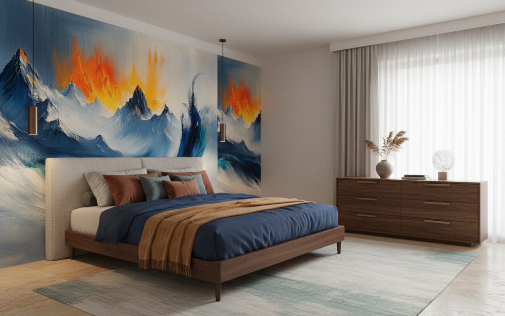 Papier peint montagne abstraite coucher de soleil flammes orange - Chambre adulte