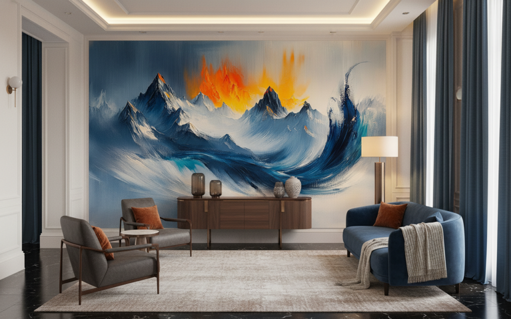 Papier peint montagne abstraite coucher de soleil flammes orange - Hôtel