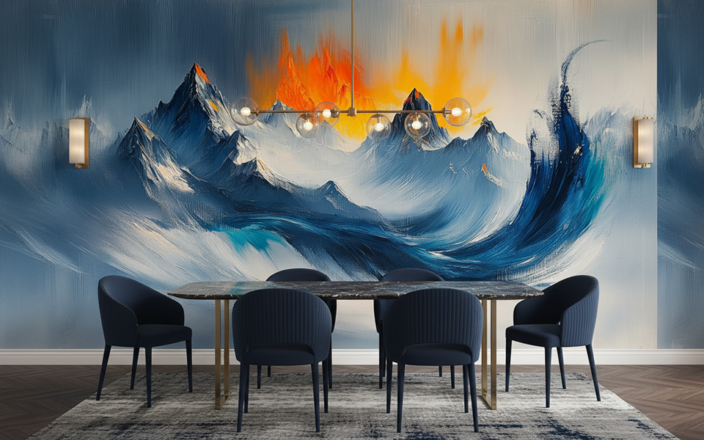 Papier peint montagne abstraite coucher de soleil flammes orange - Salle à manger