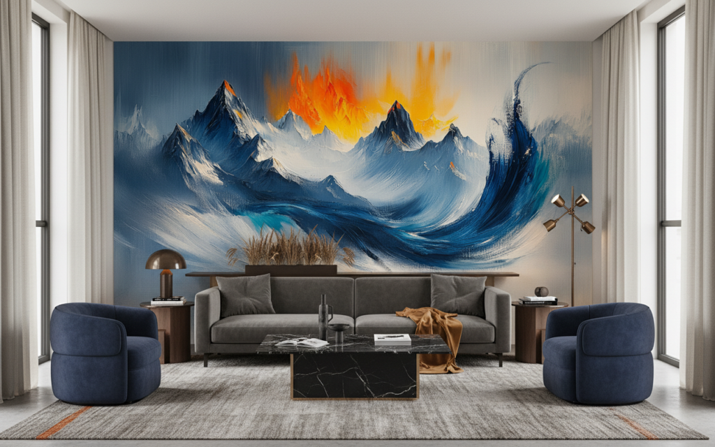 Papier peint montagne abstraite coucher de soleil flammes orange - Salon / Séjour