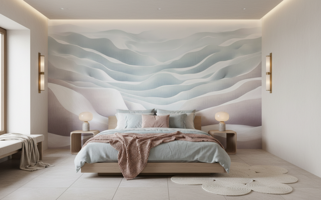 Papier peint montagne abstraite douceur pastel tons poudrés - Chambre adulte