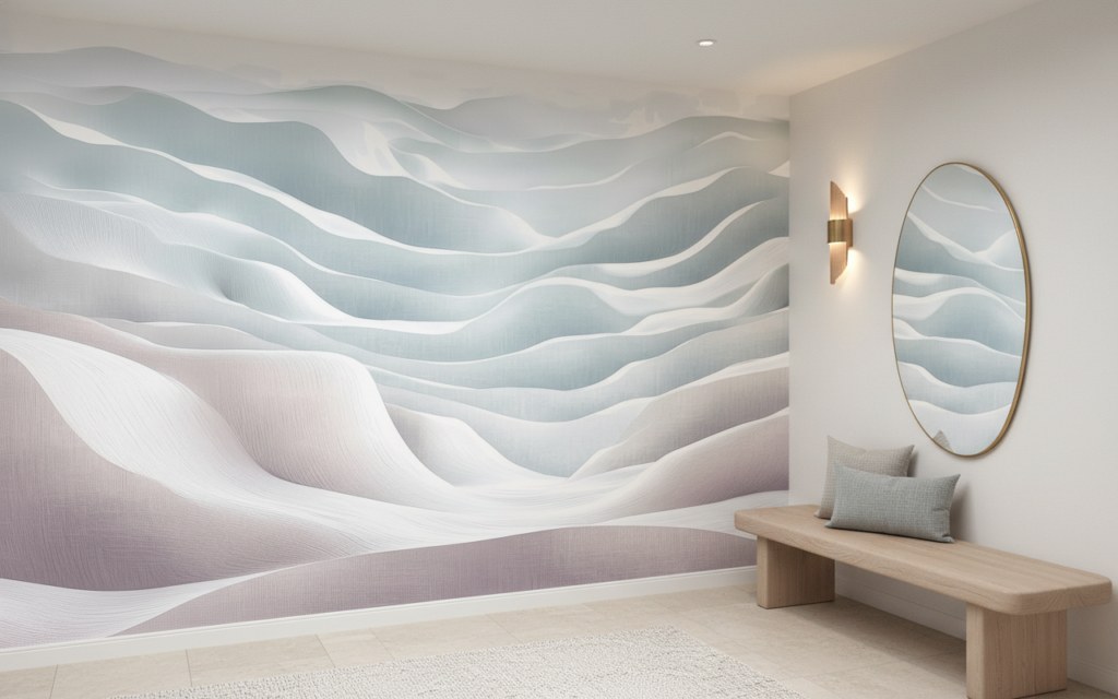 Papier peint montagne abstraite douceur pastel tons poudrés - Entrée