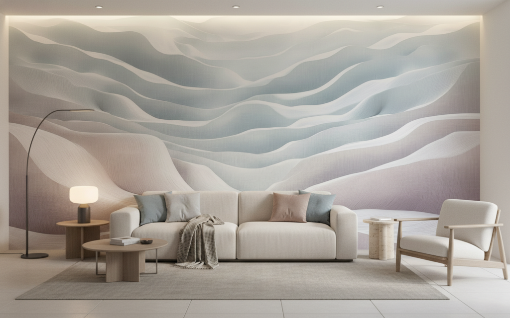 Papier peint montagne abstraite douceur pastel tons poudrés - Salon / Séjour