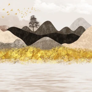 Papier peint paysage montagnard doré avec oiseaux migrateurs stylisé