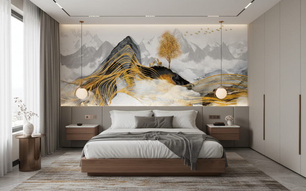 Papier Peint Montagne Dorée avec Cerf et Arbre Stylisé - Chambre adulte