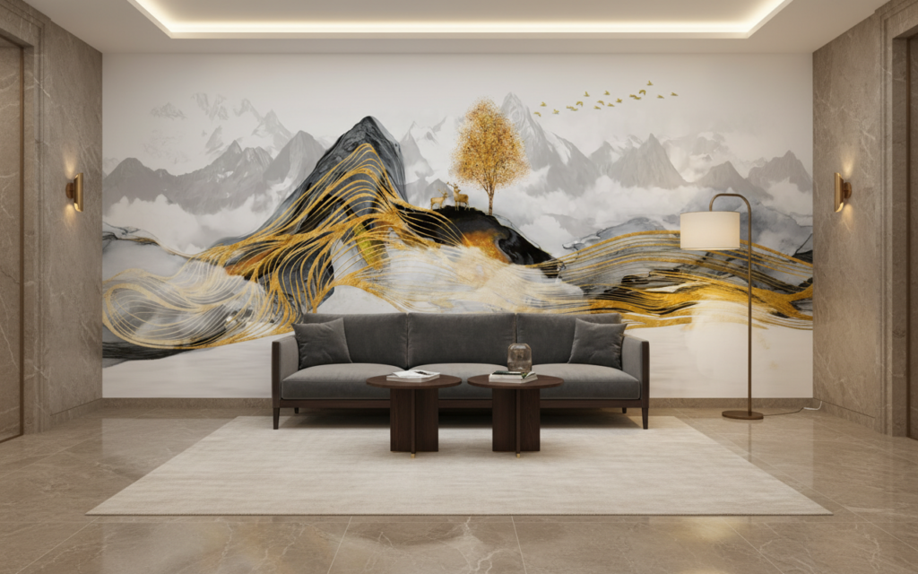 Papier Peint Montagne Dorée avec Cerf et Arbre Stylisé - Hôtel