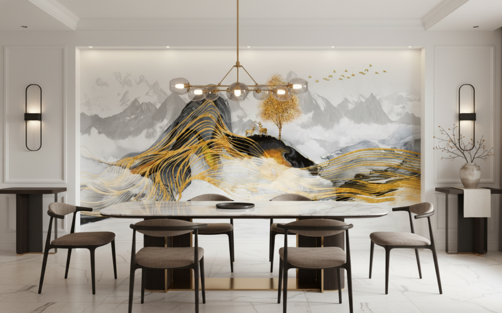 Papier Peint Montagne Dorée avec Cerf et Arbre Stylisé - Salle à manger
