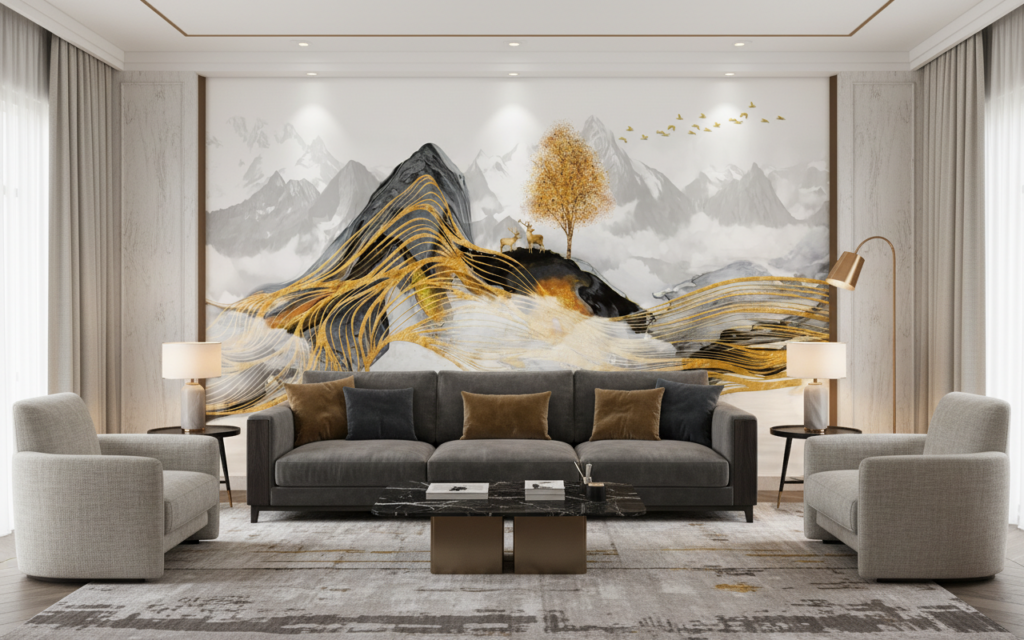 Papier Peint Montagne Dorée avec Cerf et Arbre Stylisé - Salon / Séjour