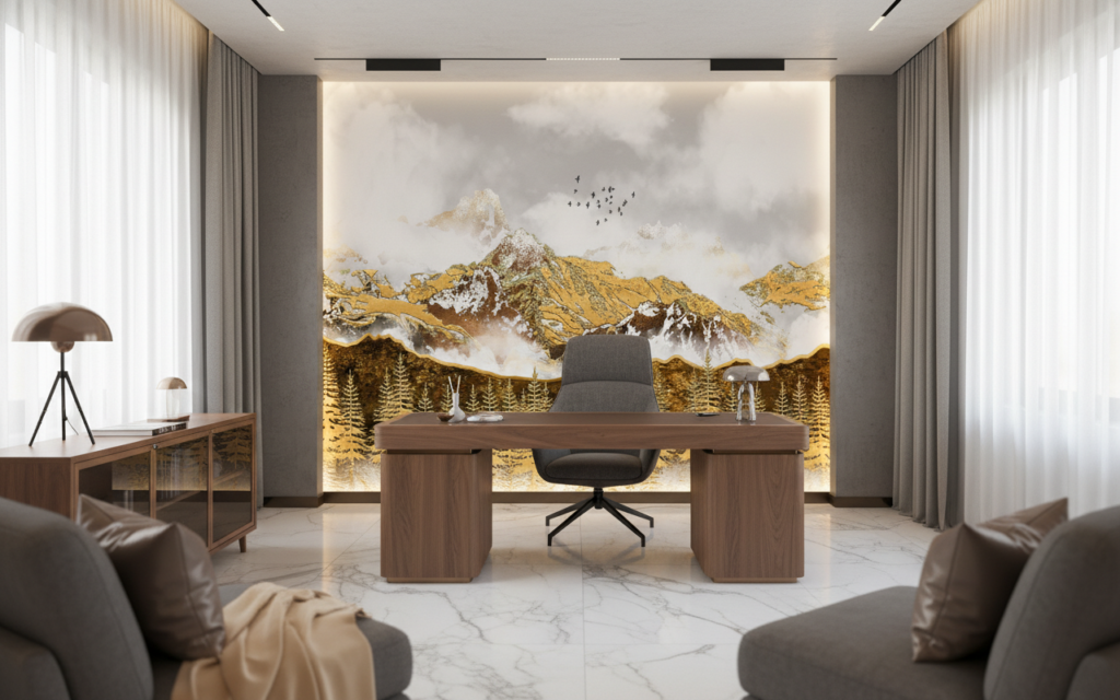 Papier Peint Montagne Dorée Avec Forêt de Sapins et Oiseaux - Bureau