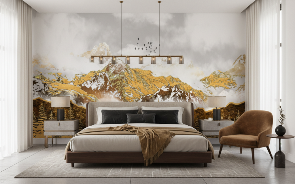 Papier Peint Montagne Dorée Avec Forêt de Sapins et Oiseaux - Chambre adulte