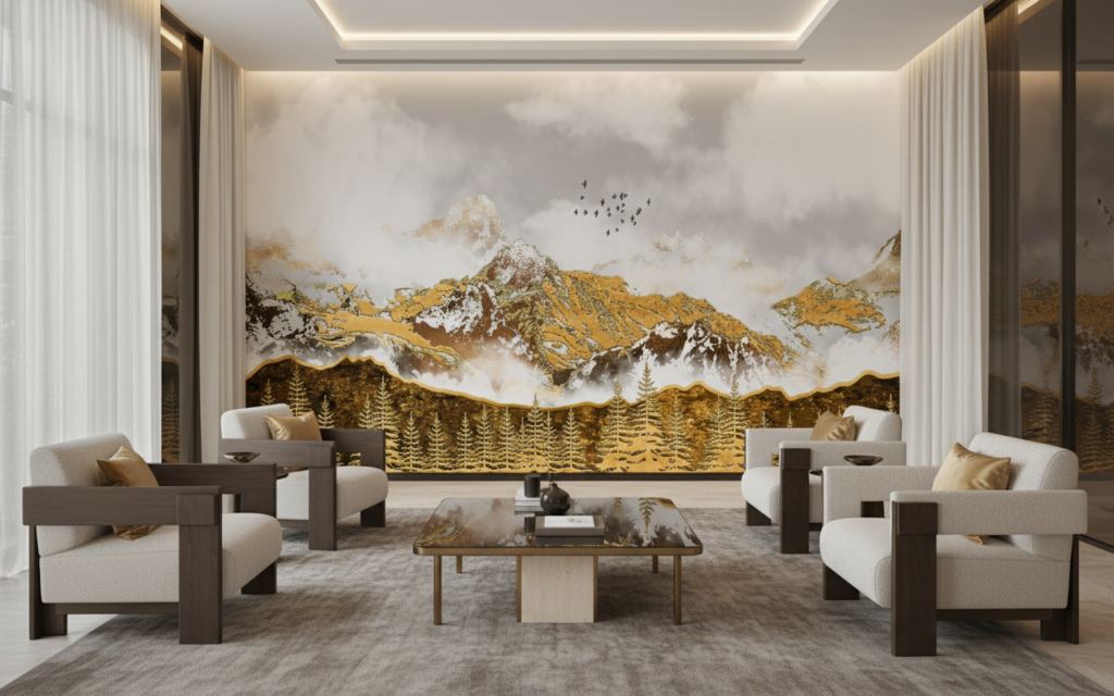 Papier Peint Montagne Dorée Avec Forêt de Sapins et Oiseaux - Hôtel