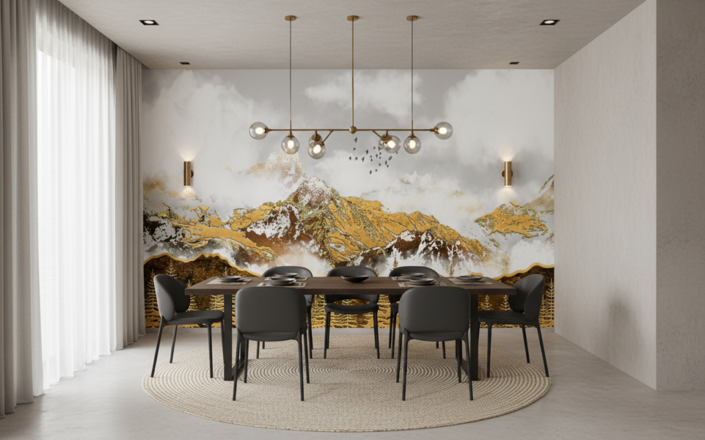 Papier Peint Montagne Dorée Avec Forêt de Sapins et Oiseaux - Salle à manger