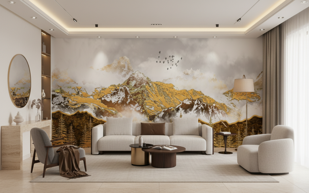 Papier Peint Montagne Dorée Avec Forêt de Sapins et Oiseaux - Salon / Séjour
