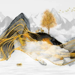 Papier Peint Montagne Dorée avec Cerf et Arbre Stylisé