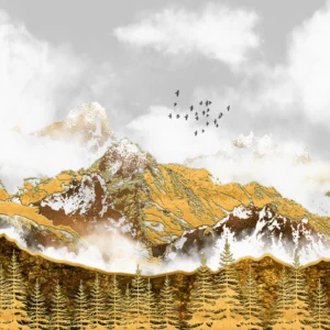 Papier Peint Montagne Dorée Avec Forêt de Sapins et Oiseaux