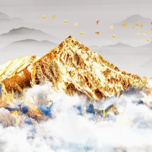 Papier Peint Panorama Montagne Dorée avec Nuages et Oiseaux Migrateurs