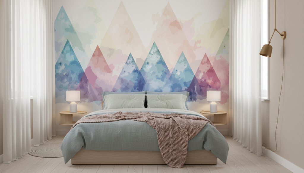Papier Peint Montagnes Abstraites Aquarelle Pastel Géométrique - Chambre adulte