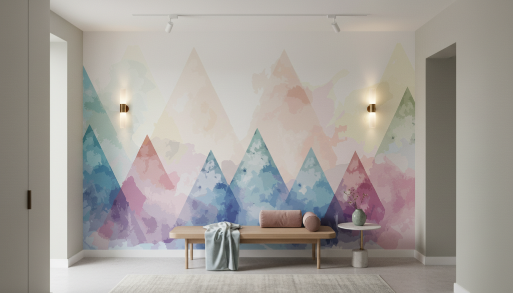 Papier Peint Montagnes Abstraites Aquarelle Pastel Géométrique - Couloir