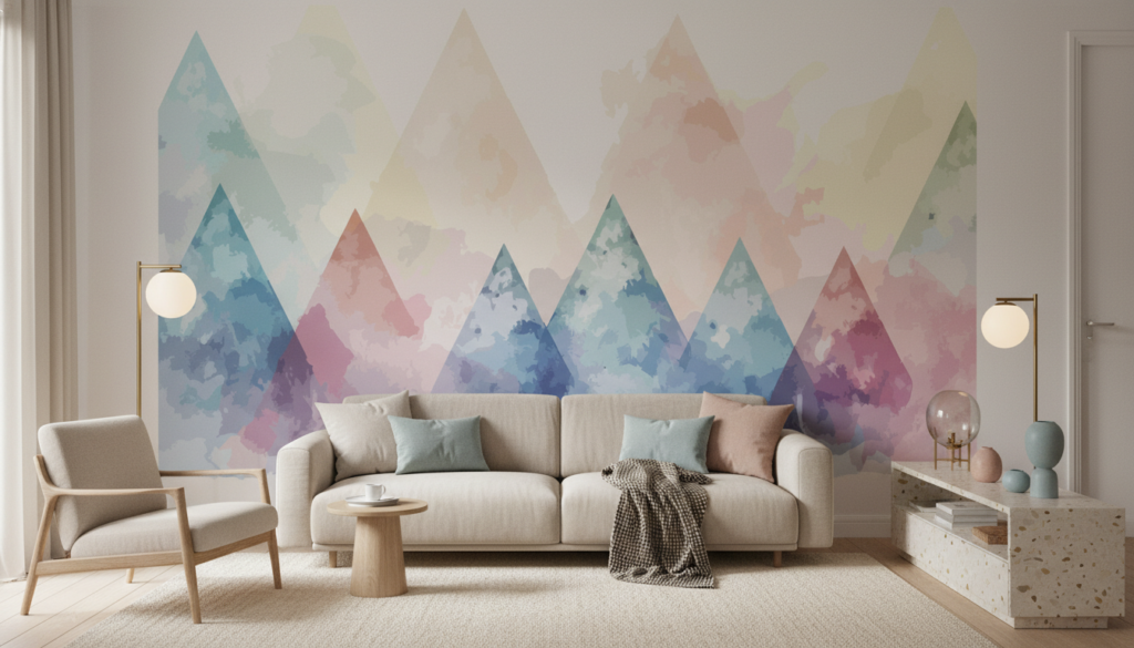 Papier Peint Montagnes Abstraites Aquarelle Pastel Géométrique - Salon / Séjour