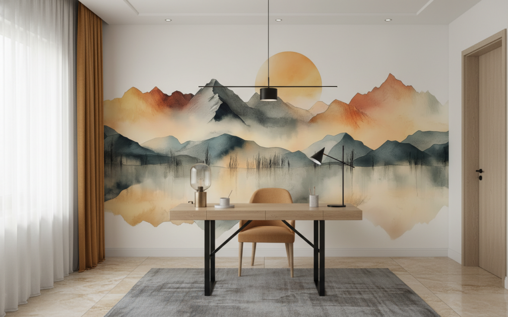 Papier Peint Montagnes Aquarelle avec Reflets et Soleil Couchant - Bureau