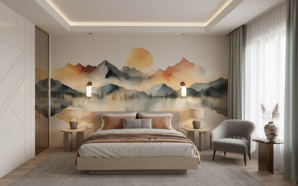 Papier Peint Montagnes Aquarelle avec Reflets et Soleil Couchant - Chambre adulte