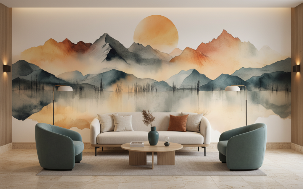 Papier Peint Montagnes Aquarelle avec Reflets et Soleil Couchant - Hôtel