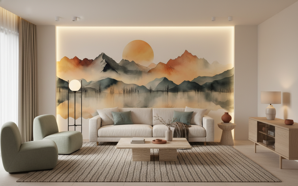 Papier Peint Montagnes Aquarelle avec Reflets et Soleil Couchant - Salon / Séjour