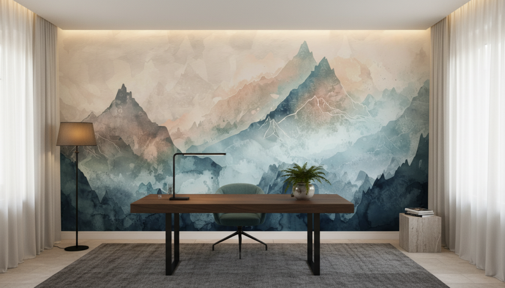 Papier Peint Montagnes Aquarelle Brume Pastel Zen Moderne - Bureau