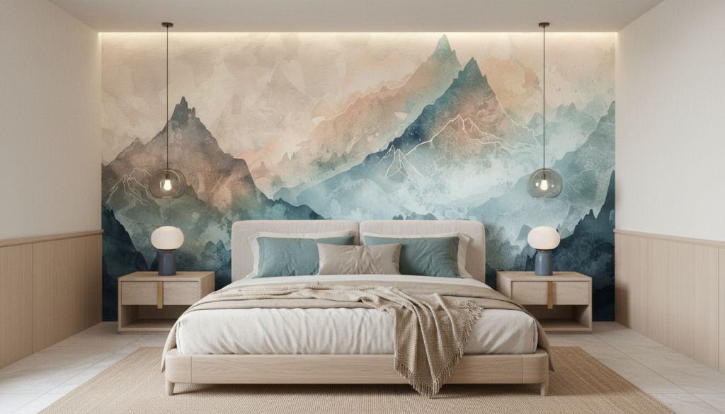 Papier Peint Montagnes Aquarelle Brume Pastel Zen Moderne - Chambre adulte