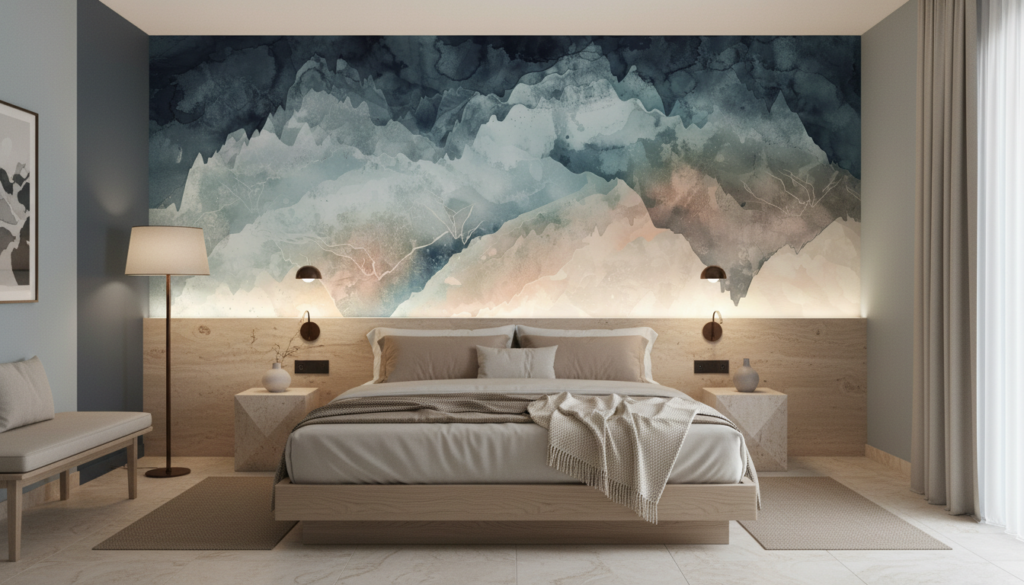 Papier Peint Montagnes Aquarelle Brume Pastel Zen Moderne - Hôtel