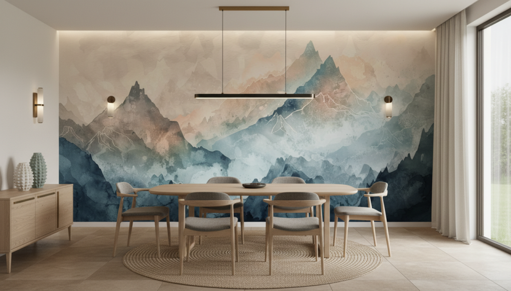 Papier Peint Montagnes Aquarelle Brume Pastel Zen Moderne - Salle à manger