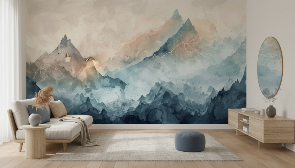 Papier Peint Montagnes Aquarelle Brume Pastel Zen Moderne - Salon / Séjour
