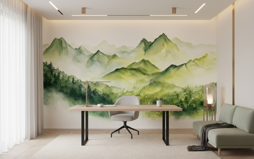 Papier Peint Montagnes Aquarelle Brume Verte Naturelle Panoramique - Bureau