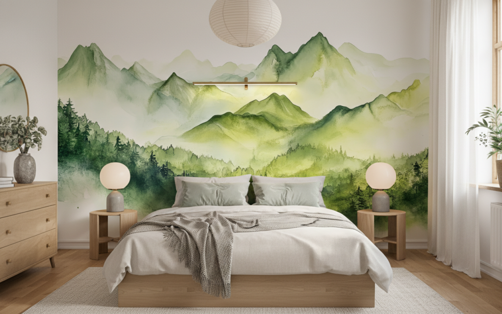 Papier Peint Montagnes Aquarelle Brume Verte Naturelle Panoramique - Chambre adulte